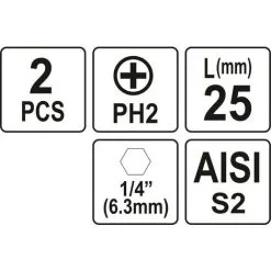 YATO 2 Embouts 1/4" 25 Mm PH2